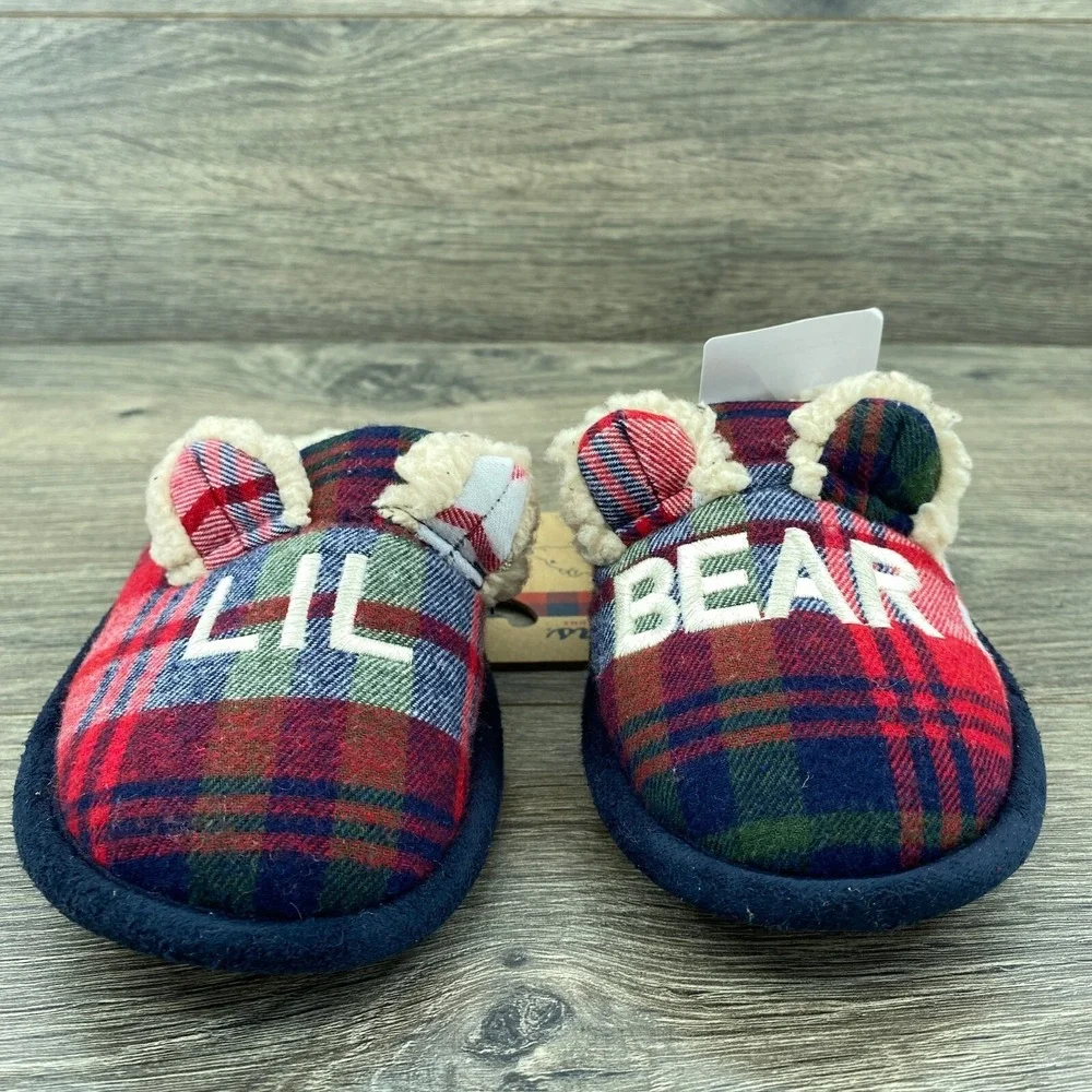 Lil‎ Bear Dearfoam Slippers Youth Size 9 - 10 Plaid Red Blue Cozy Comfort Sherpa